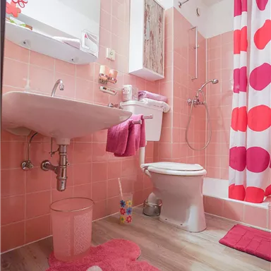 Ein modernes Badezimmer in sanften Rosa-Tönen. Es enthält eine Dusche, ein Waschbecken und eine Toilette, ergänzt durch farbenfrohe Accessoires.