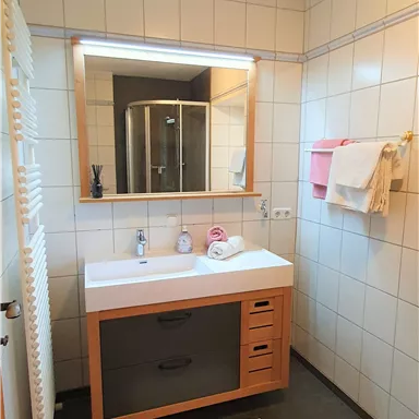 Ein modernes Badezimmer mit einem Waschbecken und einem Spiegel. Die Wände sind gefliest und es gibt Handtücher sowie einen Duschbereich.