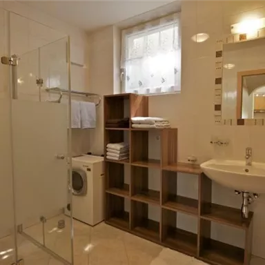 Ein modernes Badezimmer mit einer Dusche und einem Waschbecken. Regale mit Handtüchern und einer Waschmaschine sind ebenfalls vorhanden.