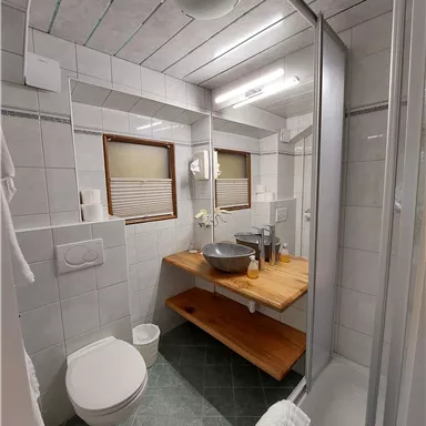 Ein modernes Badezimmer mit Fliesen und einem Holzregal. Es enthält eine Dusche, ein Waschbecken und einen Toilette.