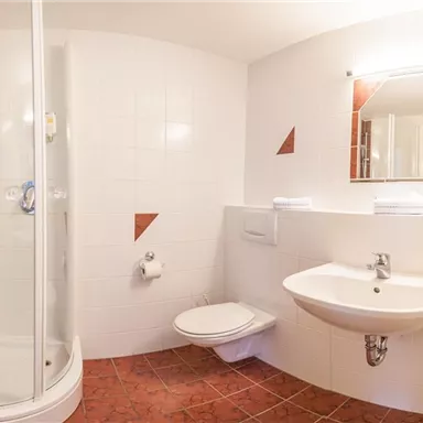 Ein modernes Badezimmer mit Dusche, Waschbecken und WC. Die Wände sind hell gefliest, und der Boden hat eine warme Farbgebung.