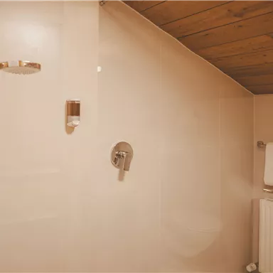 Ein modernes Badezimmer mit einer Glastüre und Dusche. Handtücher liegen sauber auf einem Regal bereit.