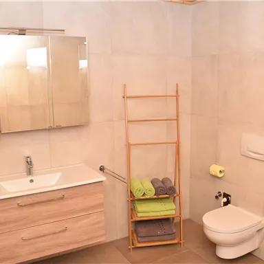 A modern bathroom with a sink, a mirror, and a toilet. Towels are neatly stacked on a wooden shelf.