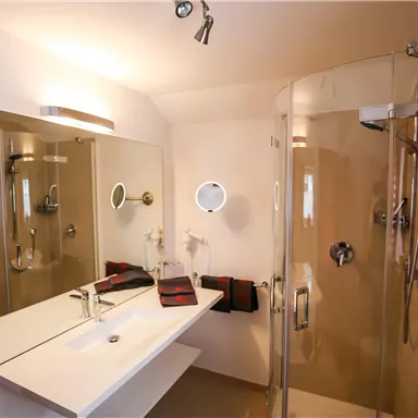 Ein modernes Badezimmer mit einer klaren Dusche und einem großen Spiegel. Die Wände sind hell und es gibt dekorative Handtücher.