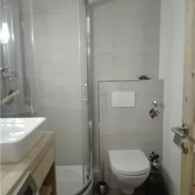 A modern bathroom with a shower and a toilet. The walls are light and the furniture is made of wood.