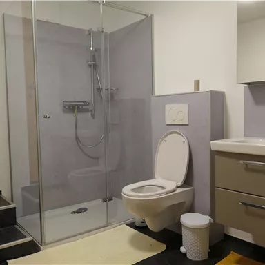 Ein modernes Badezimmer mit einer Dusche, einem Waschbecken und einer Toilette. Die Wände sind hell, und der Raum ist gut beleuchtet.