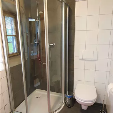 Ein modernes Badezimmer mit einer Duschkabine und weißen Fliesen. Es gibt ein Fenster, eine Toilette und einen kleinen rosa Teppich auf dem Boden.