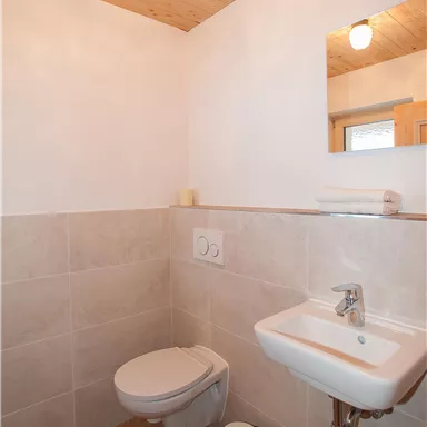 A modern bathroom with a white toilet and a small sink. The walls are light and the ceiling is paneled with wood.