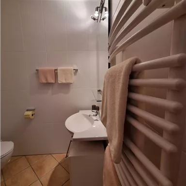 Ein modernes Badezimmer mit einem Waschbecken und Handtüchern. Die Wände sind hell gefliest und es gibt eine Handtuchheizung.