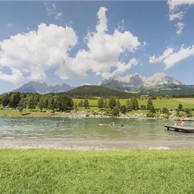Ein malerischer See mit Schwimmern und einer grünen Wiese. Im Hintergrund erheben sich majestätische Berge unter einem klaren blauen Himmel.