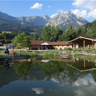 A picturesque landscape with a serene pond and mountains in the background. The buildings are set in a natural environment with trees and meadows.