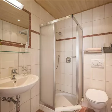A modern bathroom with a sink, a shower cabin, and a toilet area. The walls are light tiled and there is simple accessories.