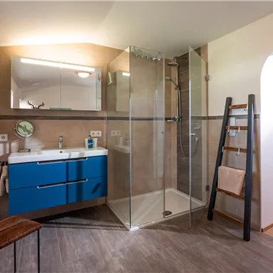 Ein modernes Badezimmer mit einer Glasdusche und einem blauen Waschbecken. Es hat helle Wände und einen Holzfußboden.