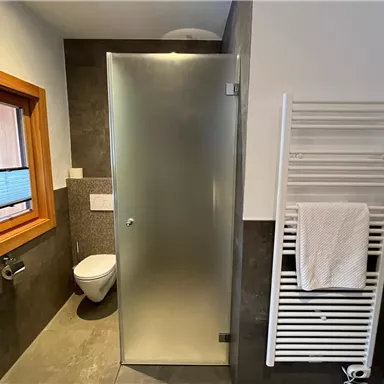 Ein modernes Badezimmer mit einer Duschabtrennung aus Milchglas und einem weißen Handtuchhalter. Das Fenster bietet Tageslicht und eine klare, schlichte Gestaltung.