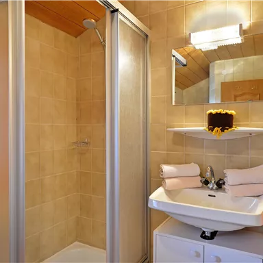 Ein modernes Badezimmer mit Dusche, Waschbecken und großen Spiegel. Die Wände sind in neutralen Farben gehalten und es gibt dekorative Handtücher.