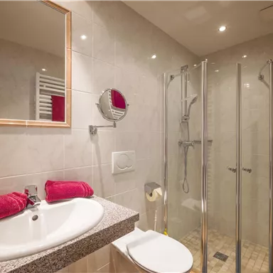 A modern bathroom with a shower cabin and a sink. Red towels provide a color contrast.