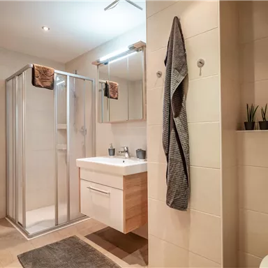 A modern bathroom with a shower cabin and a sink. Towels and plants are decoratively arranged.