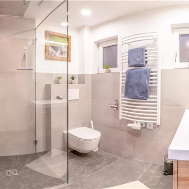 Ein modernes Badezimmer mit einer begehbaren Dusche und einem eleganten Waschbecken. Helle Farben und große Fenster sorgen für ein einladendes Ambiente.