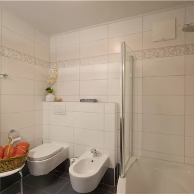 A modern bathroom with a shower, a bidet, and a bathtub. Towels and a plant give the room an inviting atmosphere.