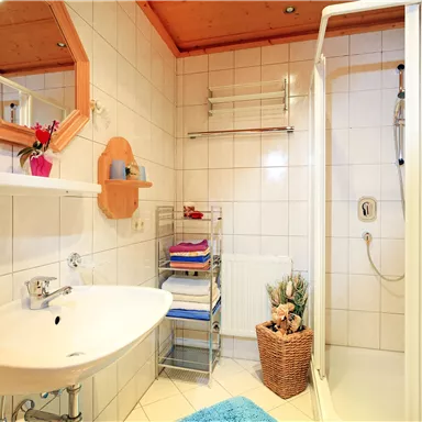 Ein modernes Badezimmer mit einer Dusche und einem Waschbecken. Es gibt Einrichtungsgegenstände wie Handtücher und Pflanzen.