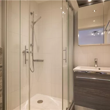 A modern bathroom with a glass shower and vanity. The walls are bright and the decor is stylish.
