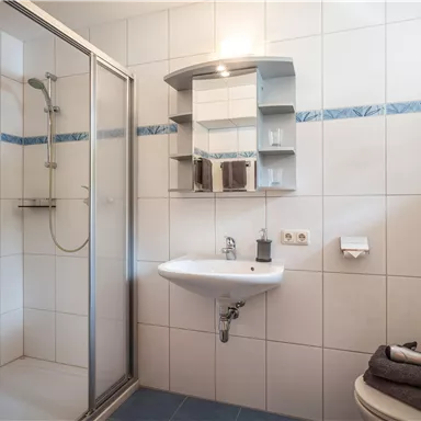 A modern bathroom with a shower, sink, and a mirror. The walls are tiled, and there are towels in dark colors.