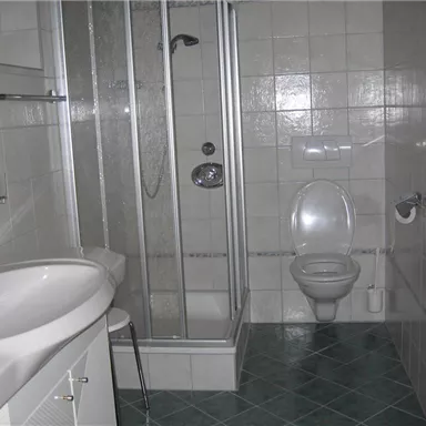 A simple bathroom with a shower, sink, and toilet. The walls are tiled, and the floor has a green tile surface.