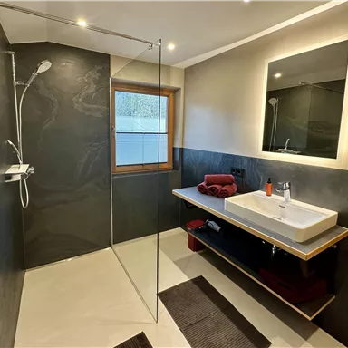 Ein modernes Badezimmer mit einer großen Dusche und einem eleganten Waschbecken. Die Wände sind in dunklen Tönen gehalten und ein Fenster sorgt für Tageslicht.