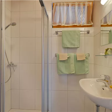 Ein modernes Badezimmer mit einer Dusche und einem Waschbecken. Handtücher in sanften Grüntönen hängen an der Wand.