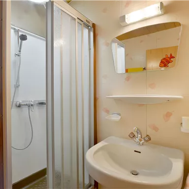 Ein kleines Badezimmer mit Dusche und Waschbecken. Die Wände sind hell und mit einer dezenten Dekoration versehen.