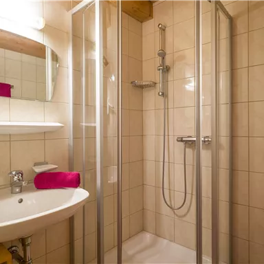 Ein modernes Badezimmer mit einer Dusche und einem Waschbecken. Es sind rote Handtücher und eine spiegelnde Wand vorhanden.