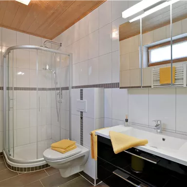 Ein modernes Badezimmer mit einer Duschkabine und einem Waschbecken. Die Ausstattung ist hell und einladend, mit gelben Handtüchern als Akzentfarbe.