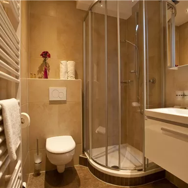 Ein modernes Badezimmer mit einer gläsernen Dusche und einem weißen Waschbecken. Die Wände sind in warmen Erdtönen gehalten, und es gibt frische Handtücher und dekorative Elemente.