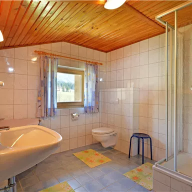 Ein helles Badezimmer mit Dusche, Waschbecken und Toilette. Es hat Holzdecke und große Fenster für natürliches Licht.