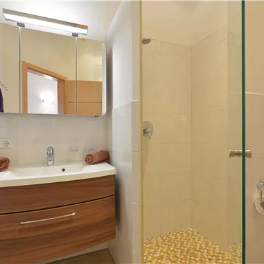 Ein modernes Badezimmer mit einem Waschtisch aus Holz und einem großen Spiegel. Die Dusche ist mit einer Glasabtrennung versehen.