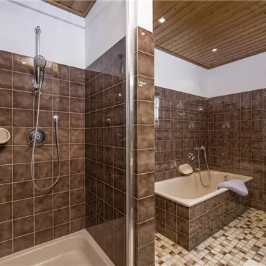 Ein modernes Badezimmer mit einer Dusche und einer Badewanne. Die Wände sind in einem warmen Braunton gefliest.