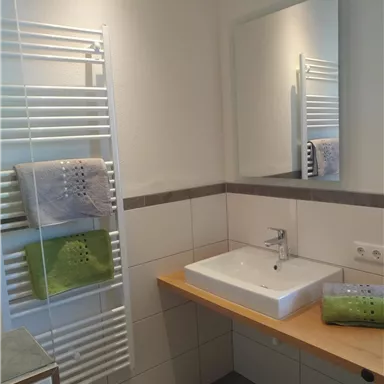 A modern bathroom with a white sink and a large mirror. Towels in different colors hang on a towel rack.