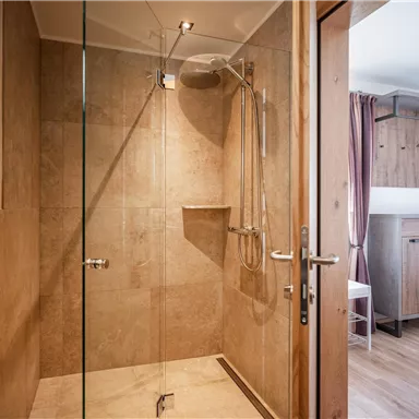 A modern bathroom with a walk-in glass shower and light, natural wood. The walls are in warm earthy tones.
