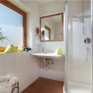 Ein modernes Badezimmer mit einer Dusche, einem Waschbecken und einem großen Fenster. Pflanzen und Handtücher verleihen dem Raum eine einladende Atmosphäre.