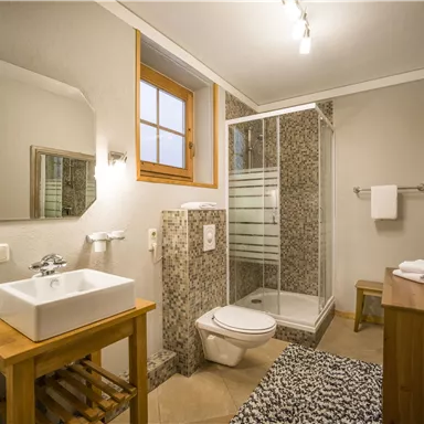 Ein modernes Badezimmer mit einer Dusche und einer Toilette. Die Einrichtung ist hell und freundlich, mit einem Holzwaschtisch und einem großen Spiegel.