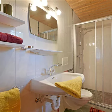 Ein modernes Badezimmer mit einem Waschbecken, einer Duschkabine und Regalen. Bunte Handtücher verleihen dem Raum eine einladende Atmosphäre.