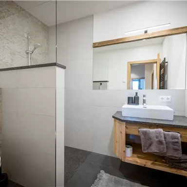 A modern bathroom with a walk-in shower and an elegant washbasin. Wood and stone accents give the room a warm atmosphere.