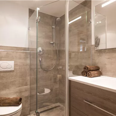 Ein modernes Badezimmer mit einer Glasdusche und neutralen Farben. Handtücher liegen ordentlich auf der Ablage und eine Pflanze decoriert den Raum.