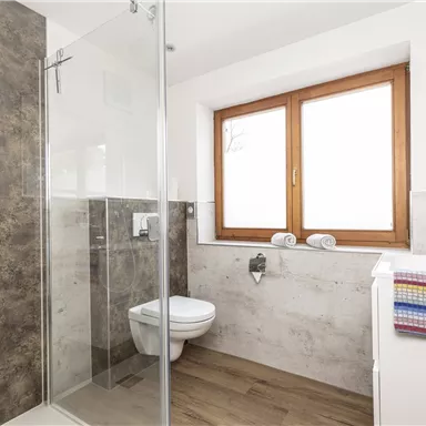 Ein modernes Badezimmer mit einer Glasdusche und einer Toilette. Große Fenster sorgen für viel Tageslicht.