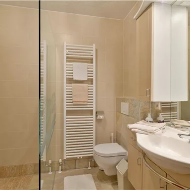 Ein modernes Badezimmer mit einer Dusche und einer eleganten Waschtisch-Installation. Die Wände sind in warmen Tönen gehalten und das Design ist funktional und stilvoll.