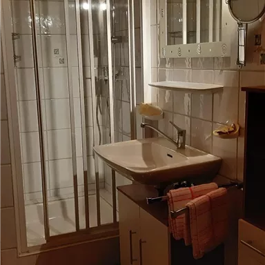 A small bathroom with a shower and a sink. Towels hang on the wall, and there is a large mirror.