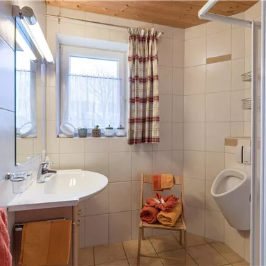 Shower, urinal, sink as well as storage space in the washbasin, hairdryer