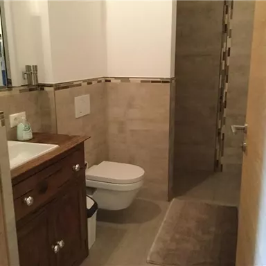 Ein modernes Badezimmer mit hellen Fliesen. Es gibt eine Dusche, ein Waschbecken mit Holzunterbau und eine Toilette.