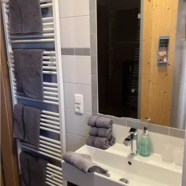 A modern bathroom with a sink and towels in various shades of gray. In the background, a mirror and a towel radiator are visible.