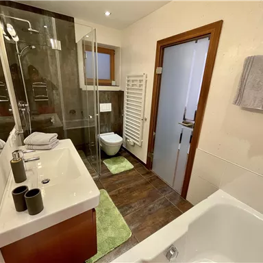 Ein modernes Badezimmer mit einer Dusche und einer Badewanne. Es gibt Handtücher und einen Heizkörper, sowie eine schlichte, elegante Einrichtung.